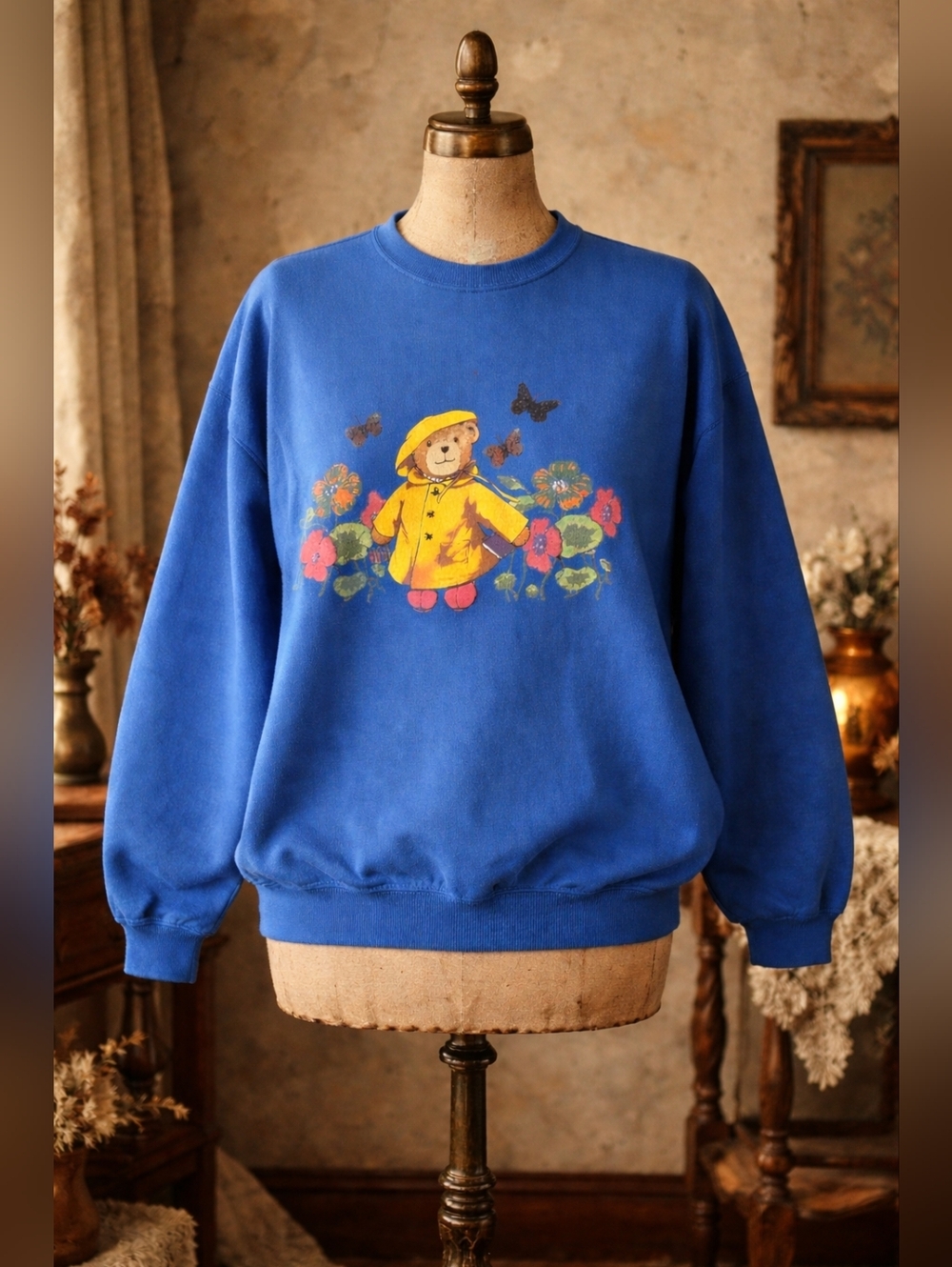 Vintage 90s Hanes Teddy Bear Graphic Crewneck Sweatshirt XXL Blue Cottagecore